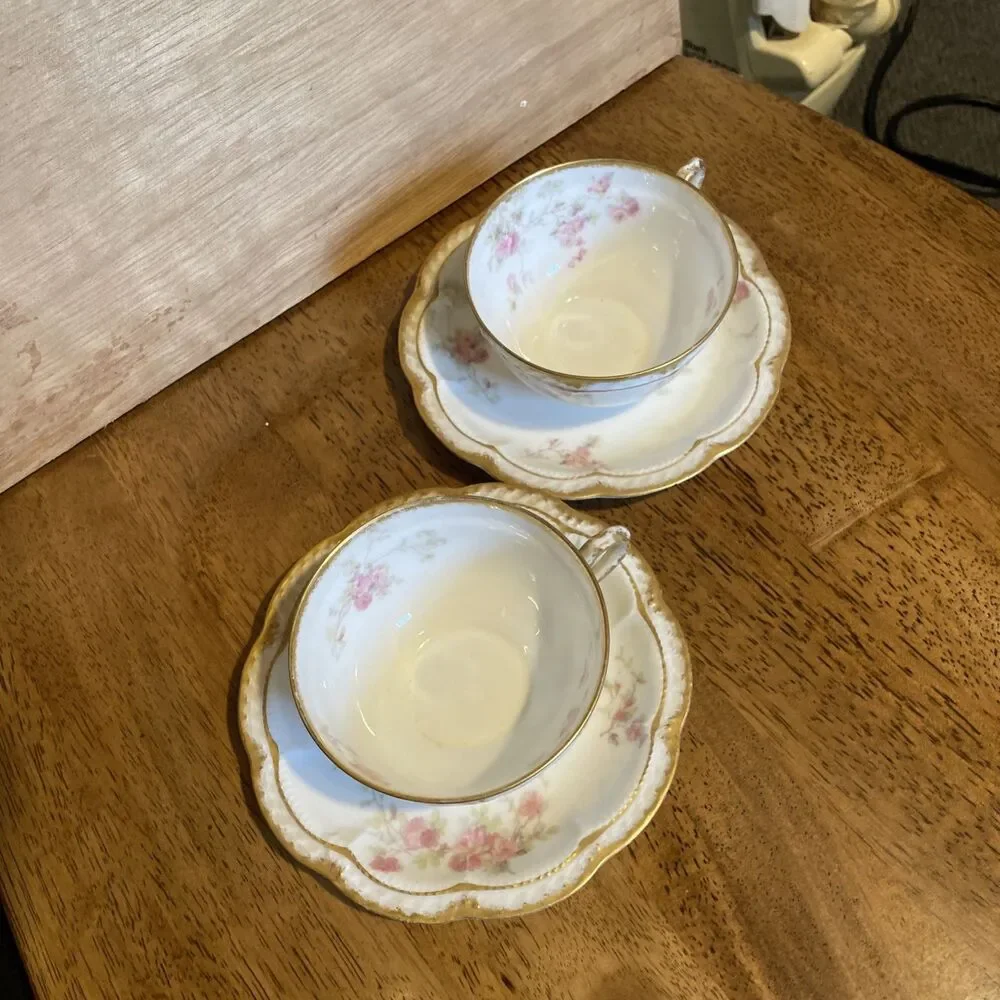 2 Antique Theodore Haviland Tea Cup Saucer Roses Limoge France